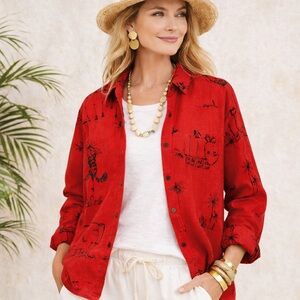 Chico’s Safari Animal Print 100% Linen Jacket Red Size 2 (Large)